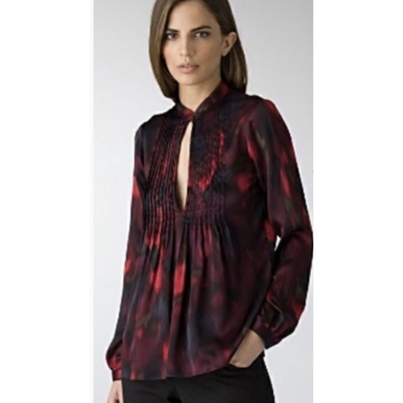 

THEORY Пурпурно-черная шелковая блузка Bianca Vague со складками и длинными рукавами,  8/10, Multicolor