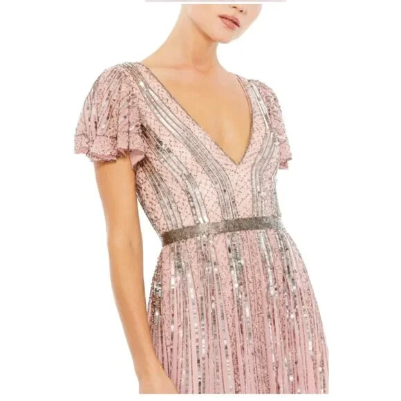 Pre-owned Mac Duggal Rose Pink Stripe Sequin Embellished Evening Gown Size 6 $498