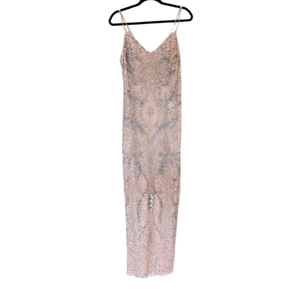 Pre-owned Aidan Mattox Petal Blush Deco Beaded Sequin Formal Evening Maxi Gown In Pink