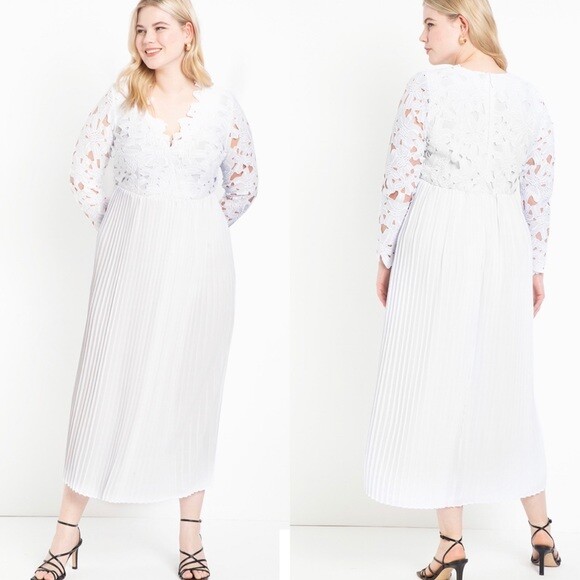 

НОВИНКА ELOQUII Белая кружевная плиссированная юбка с v-образным вырезом и длинными рукавами Макси-платье  3X СВАДЬБА, Белый