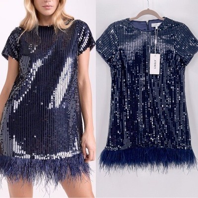 Likely Marullo Navy Sequin Ostrich Feather Dress Size 4 NEW
