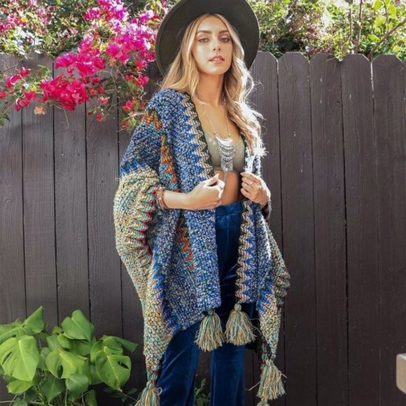 XL New Boho Hippie Knit Tasseled Blue Cardigan Sweater Top