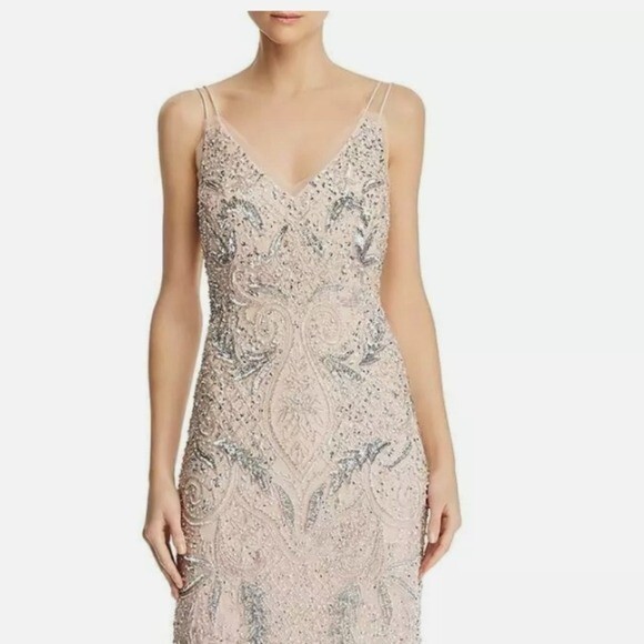 Pre-owned Aidan Mattox Petal Blush Deco Beaded Sequin Formal Evening Maxi Gown In Pink