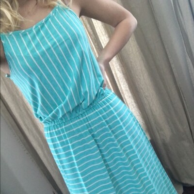 14th Place Nordstrom Women M Sleeveless Blue Striped Maxi Dress Elastic Waist
