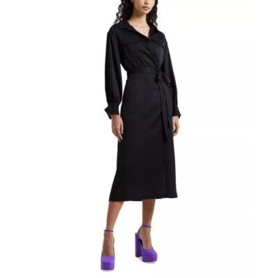 French Connection Black Women's Harlow Black Satin Wrap Shirtdress NWT