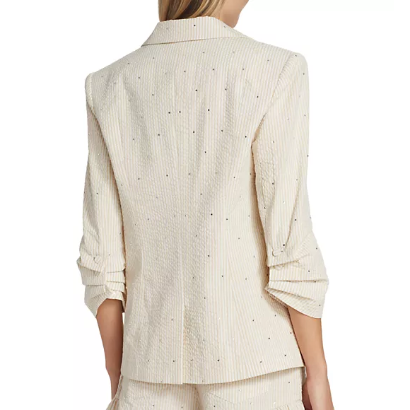 Pre-owned Cinq À Sept - Cinq A Sept 'khloe' Rhinestone Seersucker Blazer, White/plaster - Size 4