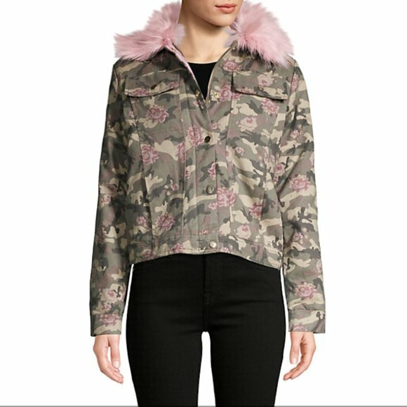 C&C California Camo & Floral Faux Fur Trim Jacket
