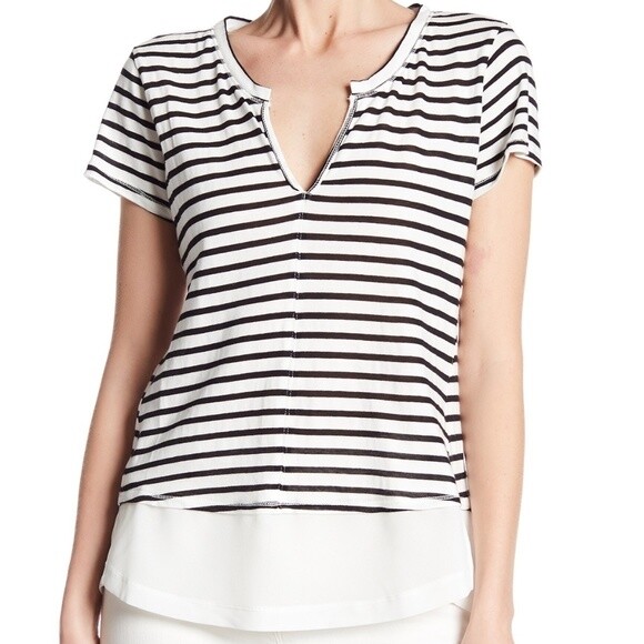 Sanctuary 150893 Women's Mixed Media Striped Tee Black Ivory White Sz. X-Large