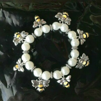 Honey Bee Stretch Bracelet Faux Pearls Hand Painted New Sister Birthday Gift New