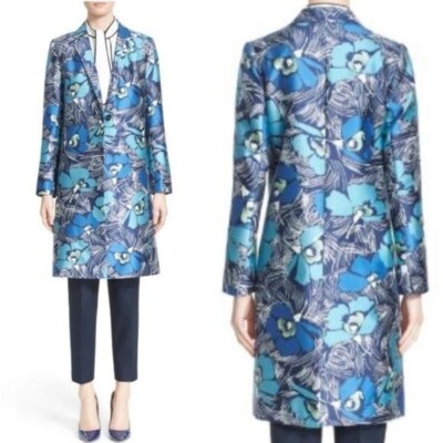 Nordstrom Signature Caroline Issa Printed Wool Silk Topper Coat Size 12 Blue NEW