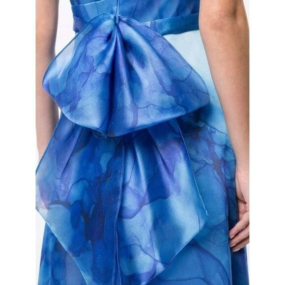 Pre-owned Marchesa Notte V-neck Printed Organza Gown Us2 In Blue