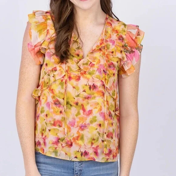 Pre-owned Misa $260  Los Angeles Emi Top In Golden Flora Mix Size: Small In Multicolor