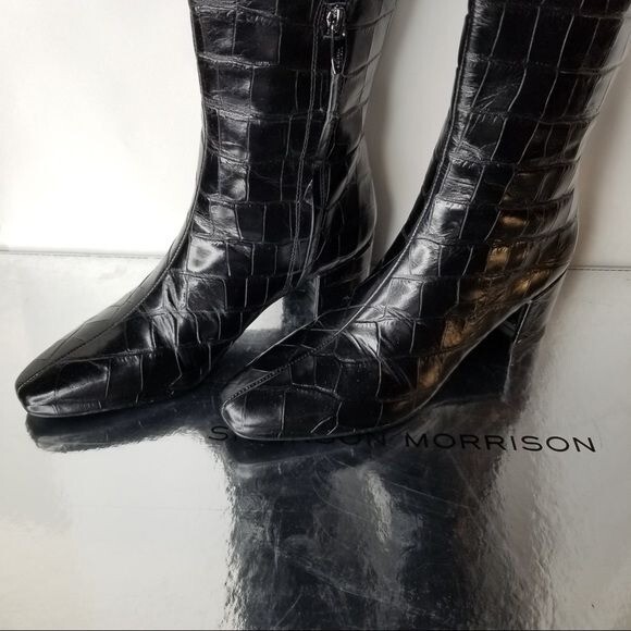 Pre-owned Sigerson Morrison Women's Black Paislee Croc Leath Knee High Boot 37- 0162, 0163