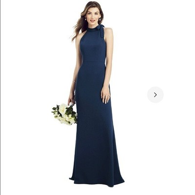 After Six Bow-Neck halter tie neck Open-Back Trumpet Gown midnight blue NWT