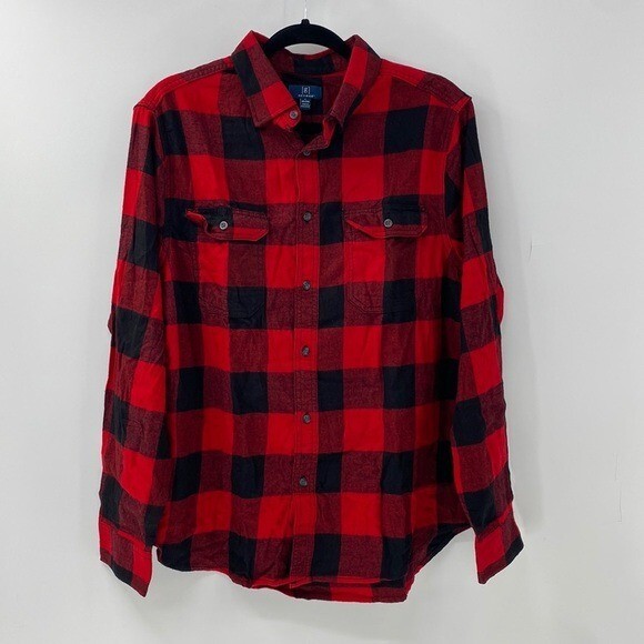 GEORGE men's red buffalo plaid flannel shirt long sleeve button up size L Large