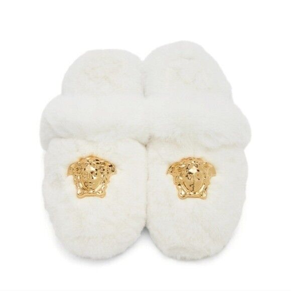 Pre-owned Versace White Faux-fur Palazzo Slippers