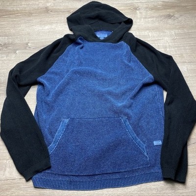 Lucky Brand Hoodie True Indigo Mens L Blue Black Waffle Knit Pullover Sweater