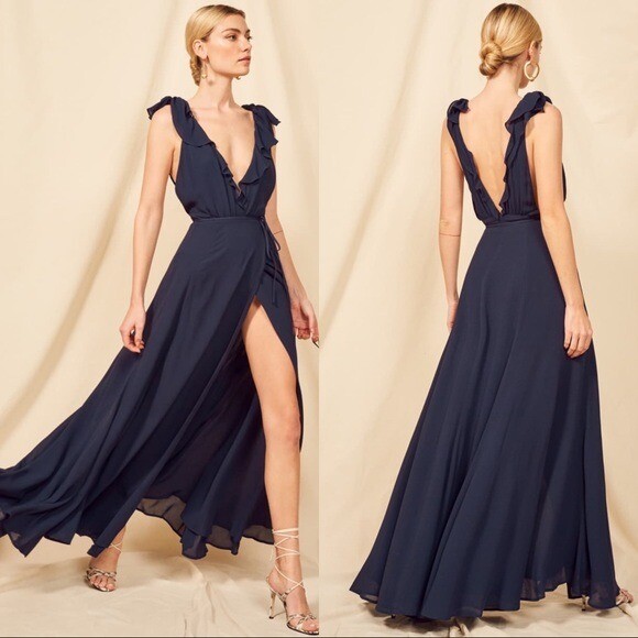 Pre-owned Reformation Peppermint Maxi Dress In Navy Size Xsp In Blue