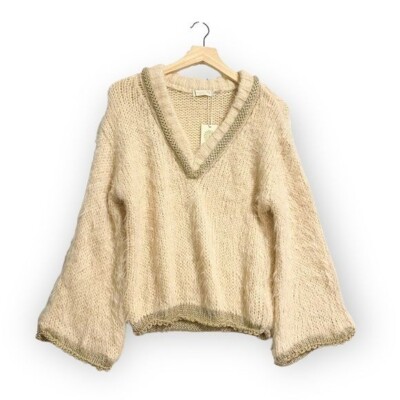 NWT Ramy Brook Max V Neck Fuzzy Sweater with Metallic Trim, Size XXS
