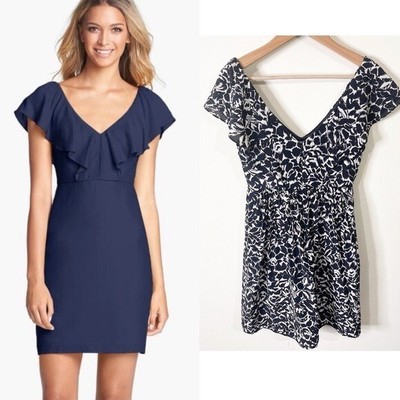 Jenny Yoo Black Floral Print Ruffle V-Neck Silk Gabby Mini Dress Size 2 US