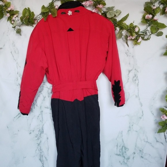 Bogner Vintage Red and Black Leaf Print Ski Suit Size 10