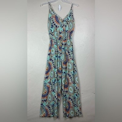 Sun & Fun Spaghetti Strap Wide Leg Romper SEE MEASUREMENTS blue floral boho NWT