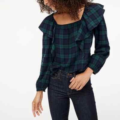 J Crew BK462 NWT Plus Size 2X Square-Neck Flannel Ruffle Top in Blackwatch Plaid
