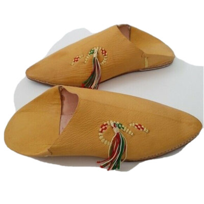 Babouche De Fez Yellow Leather Handmade Pointed Mule Slipper Shoes Tassels, 7/8