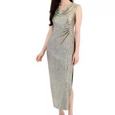 NWT Connected Apparel Womens Mushroom Gold Cowlneck Metallic Dress SIZE 12