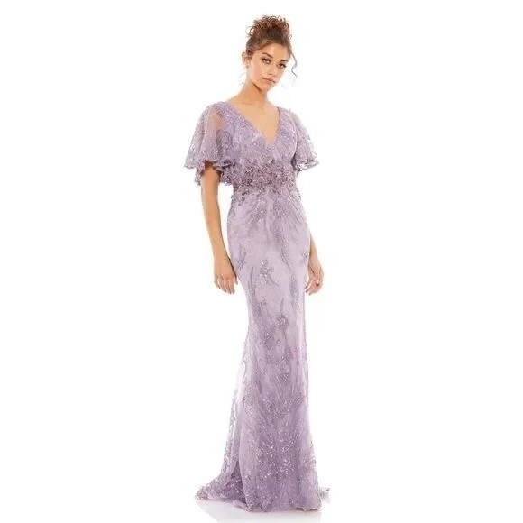 Pre-owned Mac Duggal Vintage Lilac Flutter Sleeve Evening Gown Maxi Dress Size 8 67493 In Purple