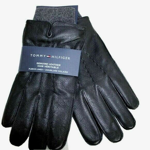 Tommy Hilfiger men's Black Leather Touchscreen Gloves size Lar...