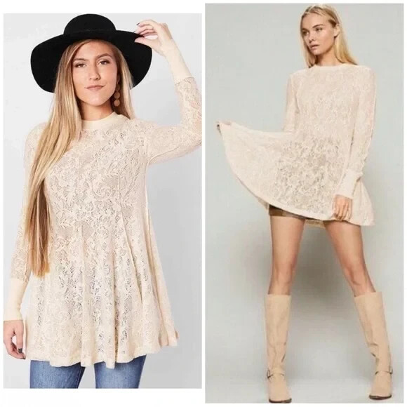 

Мини-платье-туника цвета слоновой кости FREE PEOPLE, кремовое, кружевное, вязанное крючком, «Кофе утром», Цвет слоновой кости