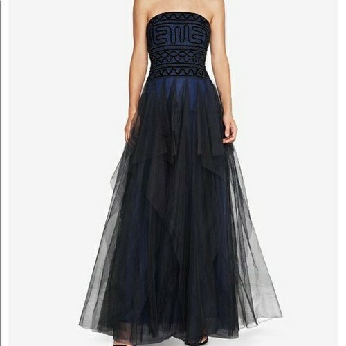 Pre-owned Bcbgmaxazria Strapless Embroidered Lace Evening Gown Tulle Navy And Black Sz 8 In Blue