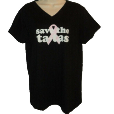 Breast Cancer NEW T Shirt Size L Save the Ta-Tas Black Short Sleeves V Neck