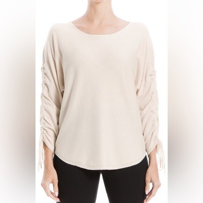 Max Studio Nordstrom Heather Oatmeal Ruched Sleeve Knit Sweater Size Large NWT