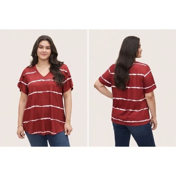 Bloomchic Red Striped T Shirt Top Pedal Sleeves Size 10 Medium Stretchy Comfy