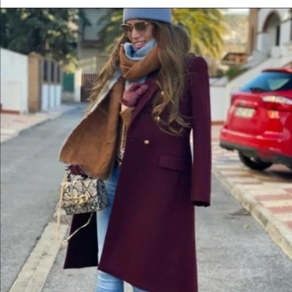 Pre-owned Zara Limited Edition Runway Style Wool Maroon Military Fitted Long Coat $299 In Red