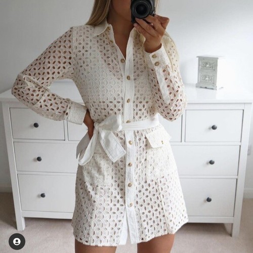 ★ZARA★ SHORT OPENWORK DRESS WITH BELT ZARA NEW OPENWORK EMBROIDERED SHIRT DRESS WITH BELT WHITE XS