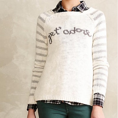 Anthropologie Sweater M MOTH French JE T'ADORE Love Stripes Silver Crew NWT