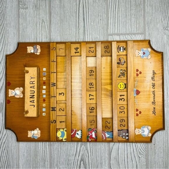 Vintage Wood Hand Made Perpetual Wall Calendar w/ bears and hearts missing parts