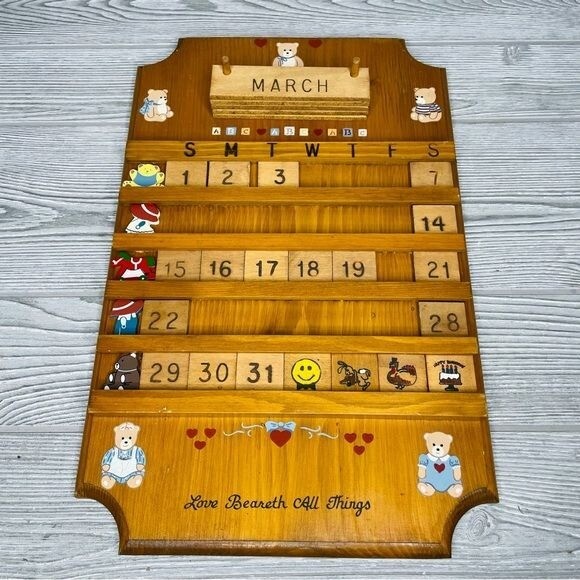 Vintage Wood Hand Made Perpetual Wall Calendar w/ bears and hearts missing parts