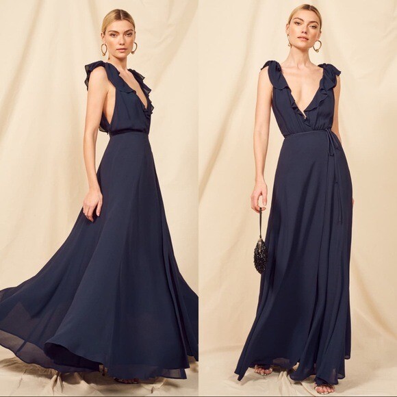 Pre-owned Reformation Peppermint Maxi Dress In Navy Size Xsp In Blue