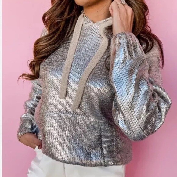ZARA WOMAN NEW SILVER FOIL HOODED KNIT SWEATSHIRT SWEATER