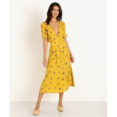 Faithful the brand billie mustard yellow floral midi dress size L