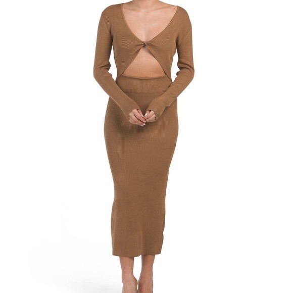

HOUSE OF HARLOW 1960 Camel Вязаное платье в рубчик с длинными рукавами и вырезом спереди, размер  4/6, Коричневый