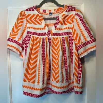 Old Navy Top Size M Tall Textured V-Neck Blue White Geo Print Short Sleeve Boho