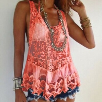 XL New Crochet Lace Racerback Tank Top Neon Pink Sexy Blouse Swim Womens X-LARGE