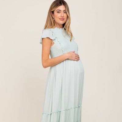 NWOT Pink Blush Smocked Ruffle Accent Tiered Maternity Maxi Dress Size Large