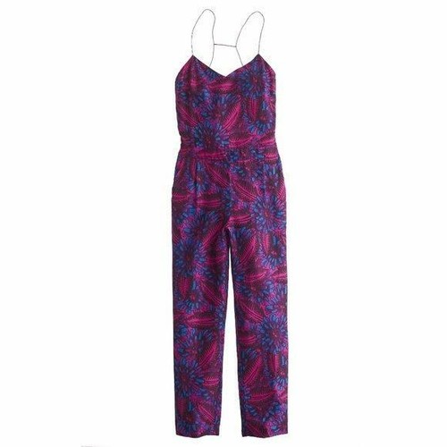 J. Crew Hot Pink Purple Pantsuit Spaghetti Straps Pockets Midnight Floral SILK 0