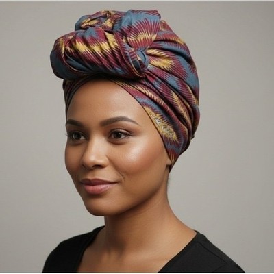 Abstract Swirl Print Scarf Red Gold Blue Geometric Pattern Head Wrap